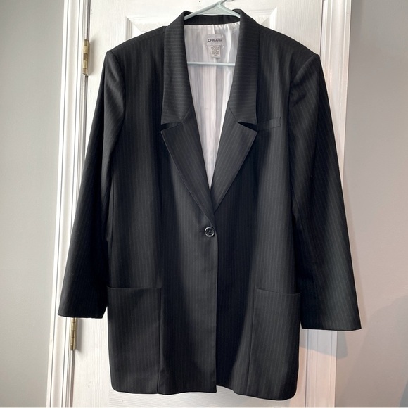 Chicos Pinstripe Blazer 3/Large Black Long Suit Jacket‎ Lined Workwear Pockets - Picture 1 of 17